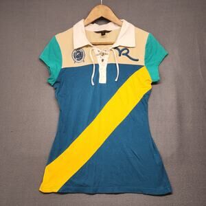 Rocawear Top Women XL Blue Yellow Cap Sleeve Form Fit Stretch Collar 90s Y2k Vtg